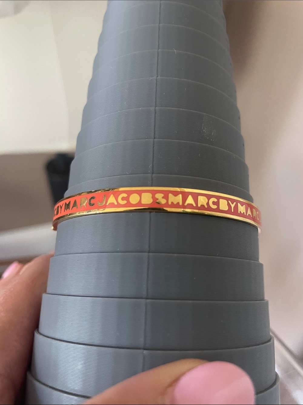 Marc By Marc Jacobs Pink and Gold Logo Enamel Bangle Bracelet